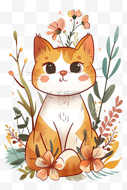 可爱小猫花朵春天卡通手绘元素