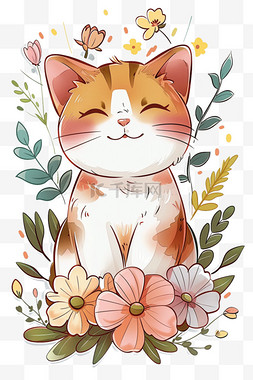 普可爱图片_可爱小猫花朵春天卡通手绘元素