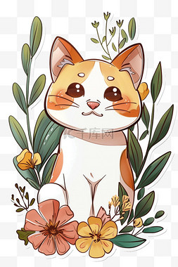 可爱花朵小猫春天卡通手绘元素