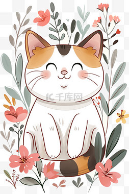 手绘花朵贴纸图片_可爱小猫春天花朵卡通元素手绘