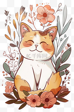 春天可爱小猫花朵卡通手绘元素