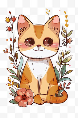 喜欢贴纸图片_手绘可爱小猫春天花朵卡通元素