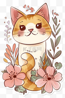 可爱小猫花朵卡通春天手绘元素