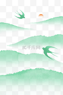 绿色山水山水图片_清明节水彩噪点燕子的山水风景PNG