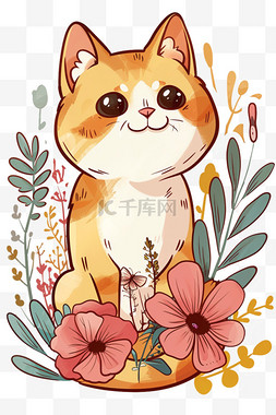 普可爱图片_元素可爱小猫春天花朵卡通手绘