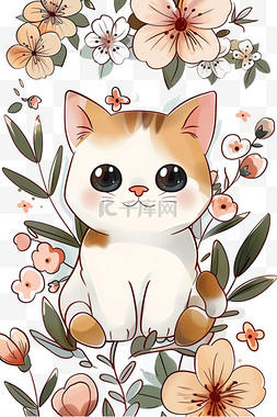 哇春天图片_可爱小猫春天卡通花朵手绘元素