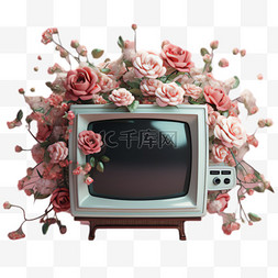 写实电视机图片_粉玫瑰电视机元素立体免抠图案