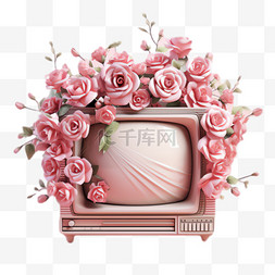 粉玫瑰电视机元素立体免抠图案