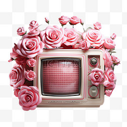 写实电视机图片_粉玫瑰电视机元素立体免抠图案