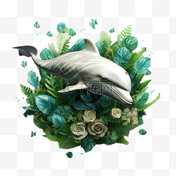 海豚水藻元素立体免抠图案