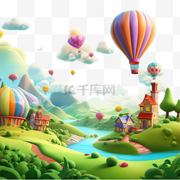 热气球山村元素立体免抠图案