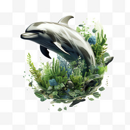 水藻图片_海豚水藻元素立体免抠图案