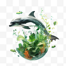 海豚水藻元素立体免抠图案