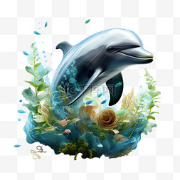 海豚免抠素材图片_海豚水藻元素立体免抠图案