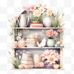 立体书柜图片_书柜花朵元素立体免抠图案