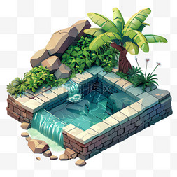 池塘围墙元素立体免抠图案