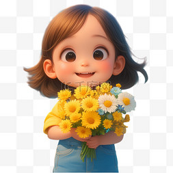 感恩母亲节人物图片_抱着花束的可爱女孩人物形象PNG素