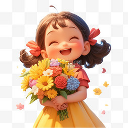 高兴女孩图片_抱着花束的可爱女孩人物形象png图