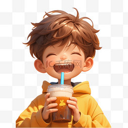 儿童节奶茶图片_喝奶茶的少年卡通人物形象设计