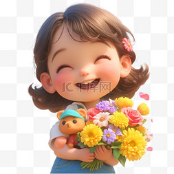 感恩母亲节人物图片_抱着花束的可爱女孩人物形象素材