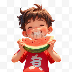 卡通清凉水果图片_吃西瓜的少年卡通人物形象设计图