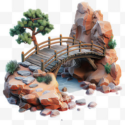 山水木桥元素立体免抠图案