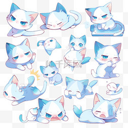 蓝色卡通小猫图片_蓝色可爱卡通萌宠小猫咪表情包图