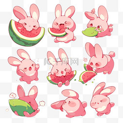 卡通西瓜表情包图片_可爱卡通萌宠粉色小兔子吃西瓜表