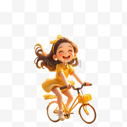 女孩自行车卡通图片_春天骑车的女孩3D卡通形象免抠素