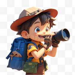 卡通人物望远镜图片_露营徒步的男孩3D卡通形象图片