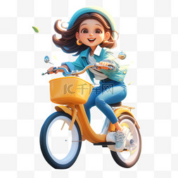 春天骑车的女孩3D卡通形象图片