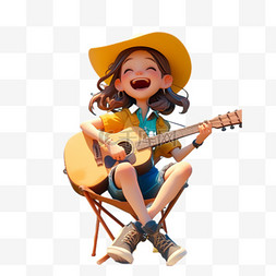 可爱女孩旅行图片_春天露营弹吉他女孩3D形象PNG素材