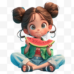 西瓜冰凉图片_夏天吃西瓜的女孩3D形象元素