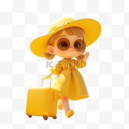 c4d儿童图片_春天拖着行李箱旅游的女孩3D形象