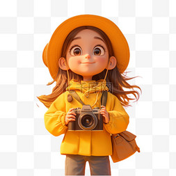 春天拿着相机旅游的女孩3D形象免