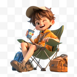 春天坐在露营椅上的男孩3D人物形