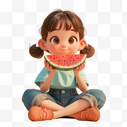 立夏吃图片_夏天吃西瓜的女孩3D形象元素