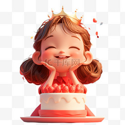 吃生日蛋糕图片_六一儿童节过生日的女孩3D人物免