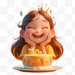 小公主蛋糕图片_六一儿童节过生日的女孩3D人物免