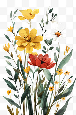 绿草的衬托图片_水彩花朵黄色元素红色免抠