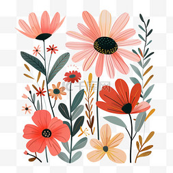 小插图植物花卉图片_植物红色花朵免抠元素扁平画