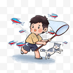 儿童捕鱼图片_六一儿童节漫画风人物和猫咪捕鱼