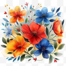 红蓝橙图片_夏季花朵黄色蓝色免抠手绘元素