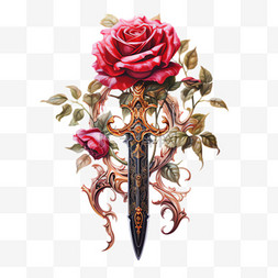 长剑红玫瑰元素立体免抠图案