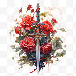 长剑红玫瑰元素立体免抠图案