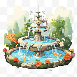 喷泉装饰图片_喷泉水池元素立体免抠图案