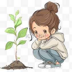 手绘女孩植物免抠元素
