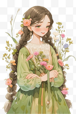 鲜花背景绿色图片_手绘夏季女孩鲜花免抠元素
