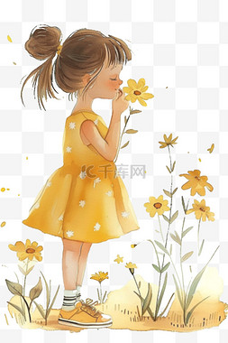 闻花香的女孩图片_黄色花朵手绘女孩免抠元素