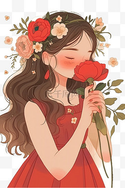 红色花环图片_手绘女孩花朵插画元素免抠